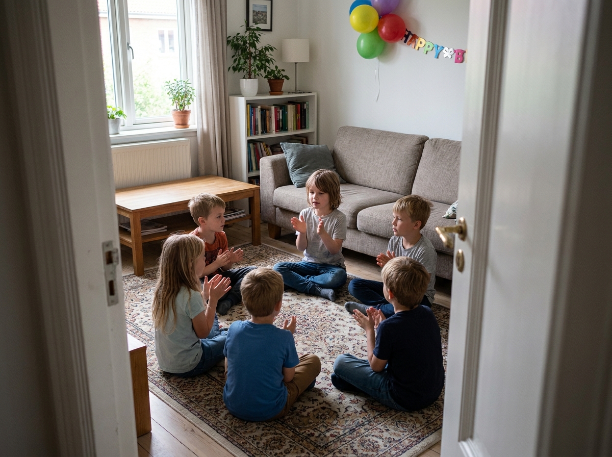 Niños jugando sentados en un salón pequeño durante una fiesta infantil.