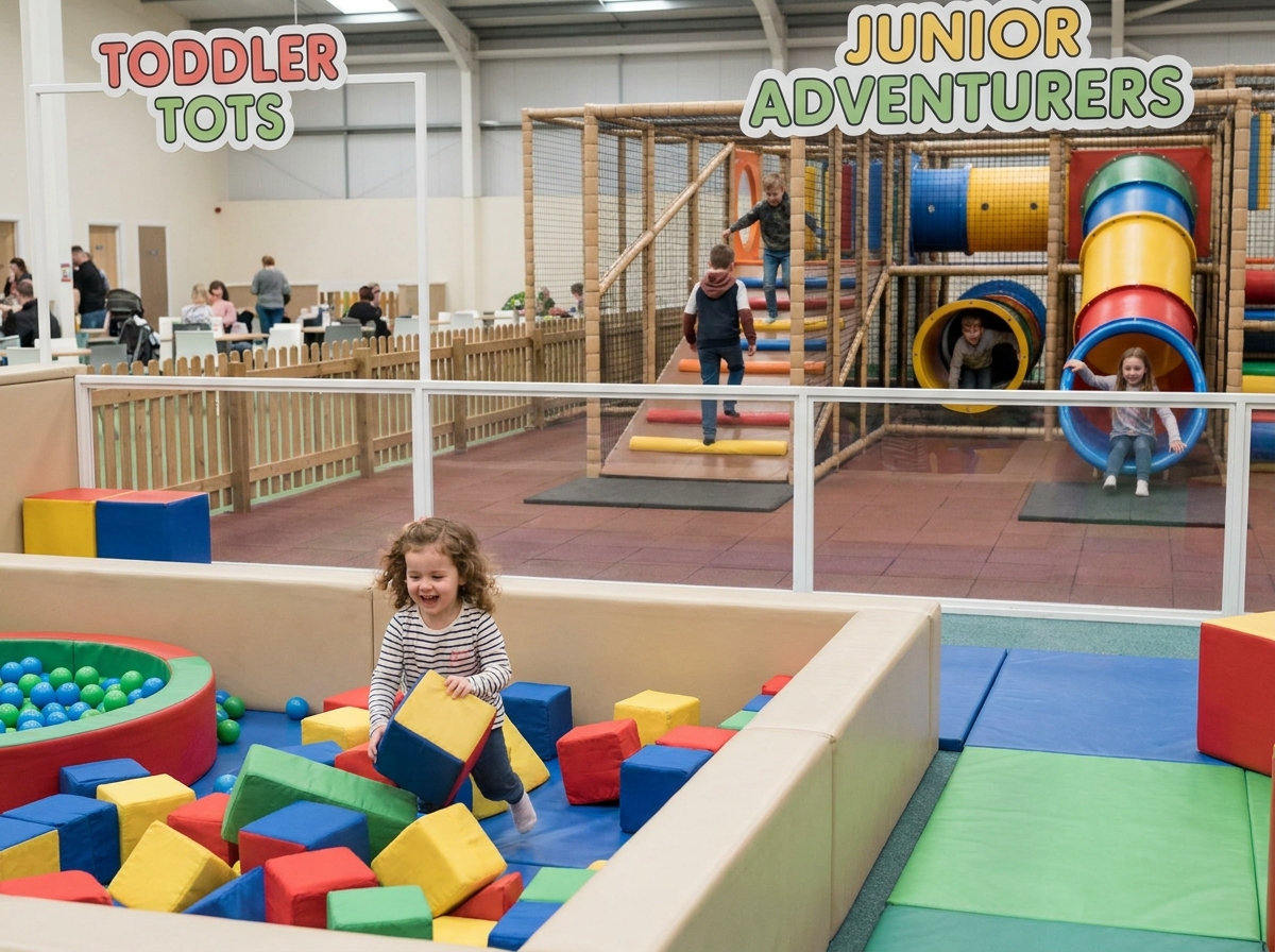 Niños de diferentes edades jugando en zonas infantiles adaptadas a distintos niveles de dificultad.