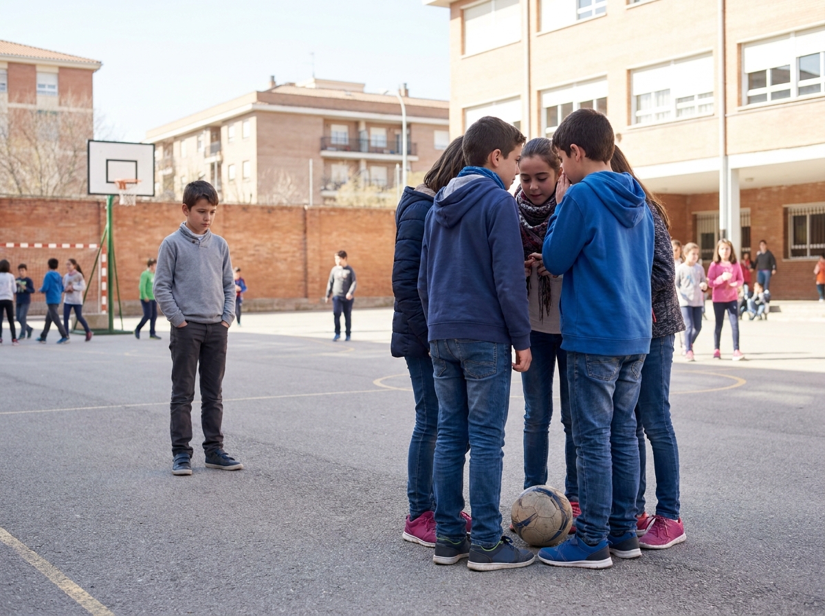 Niño apartado de un pequeño grupo de compañeros durante el recreo escolar.