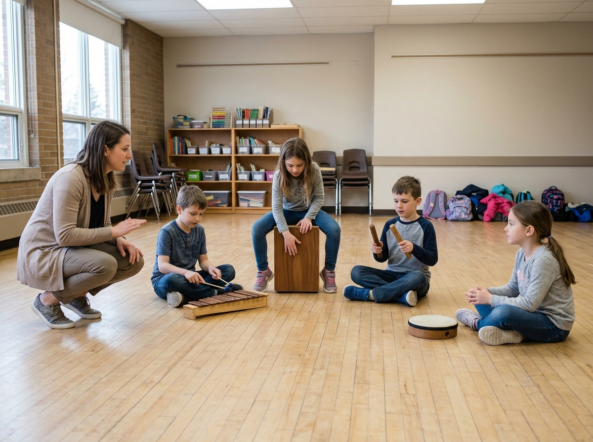 Grupo de niños participa en una actividad musical dirigida después del colegio.