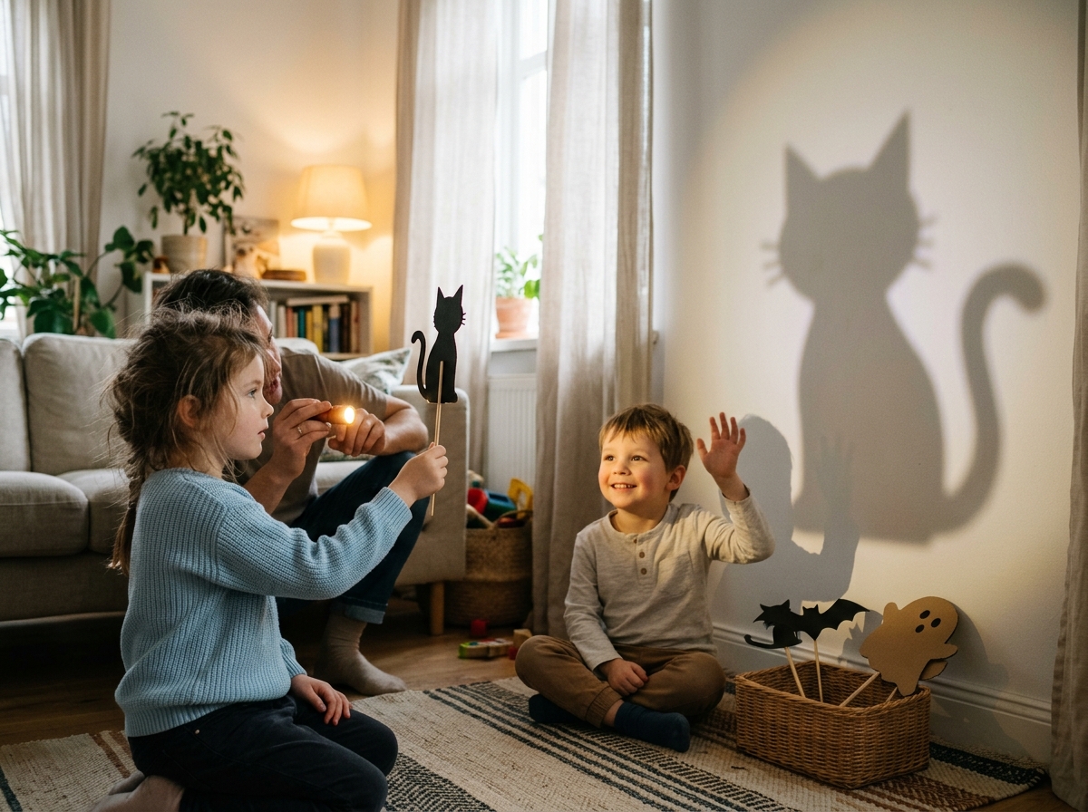 Dos niños participan en un teatro de sombras con la silueta de un gato proyectada sobre una pared iluminada.