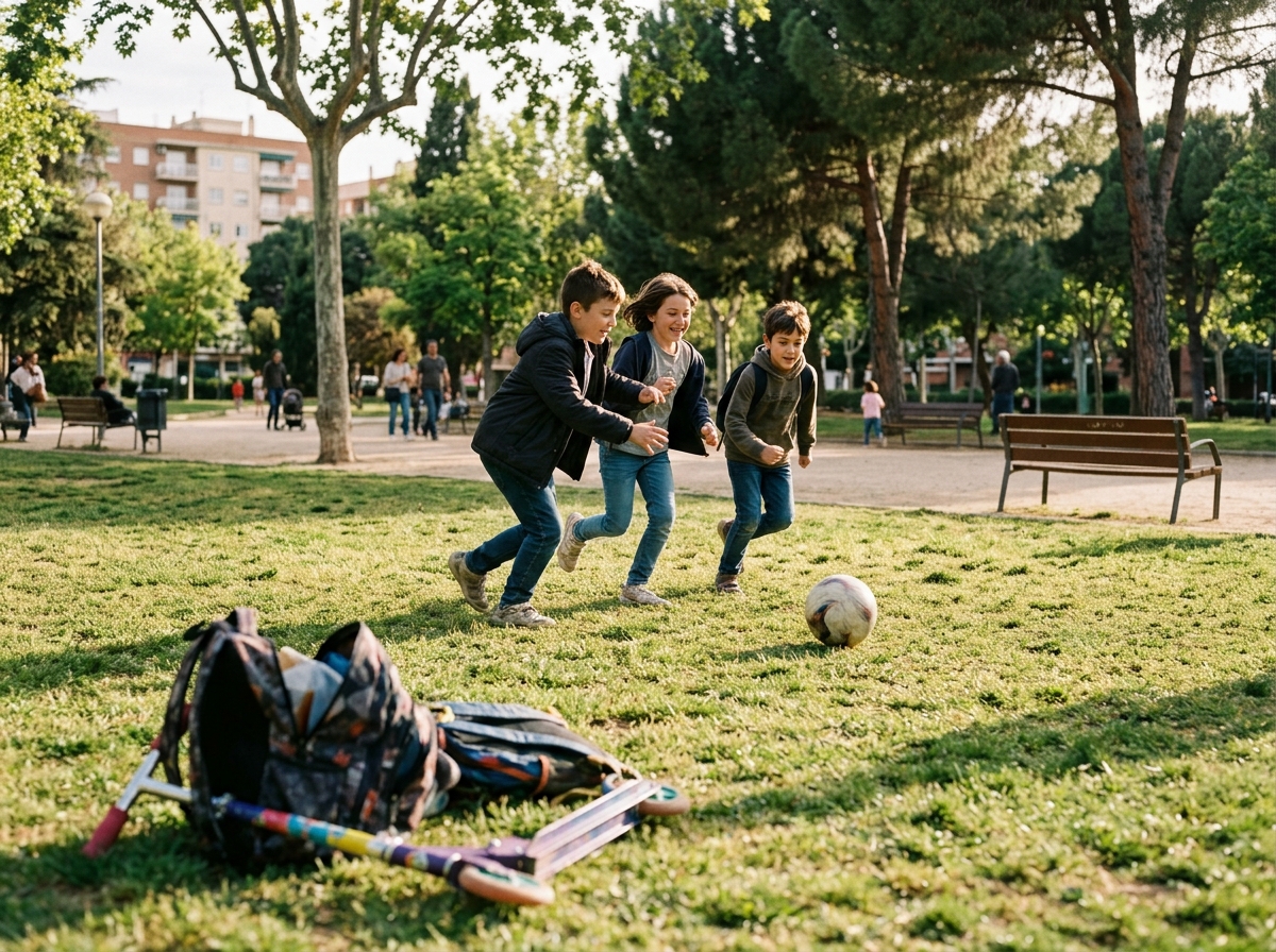Tres niños juegan corriendo detrás de una pelota en un parque después del colegio.