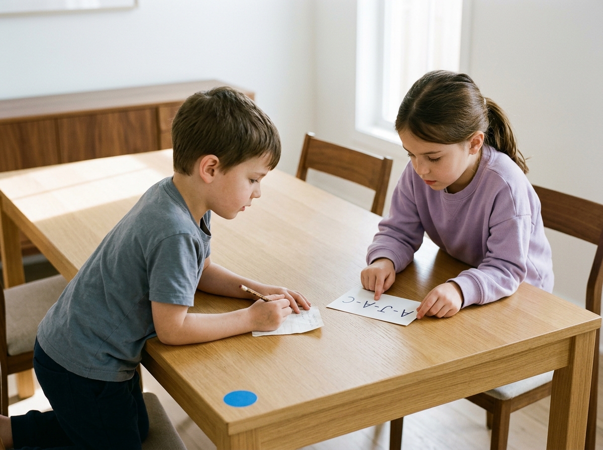 Dos niños intentan ordenar las letras de un anagrama escrito en una pista sobre la mesa del comedor.