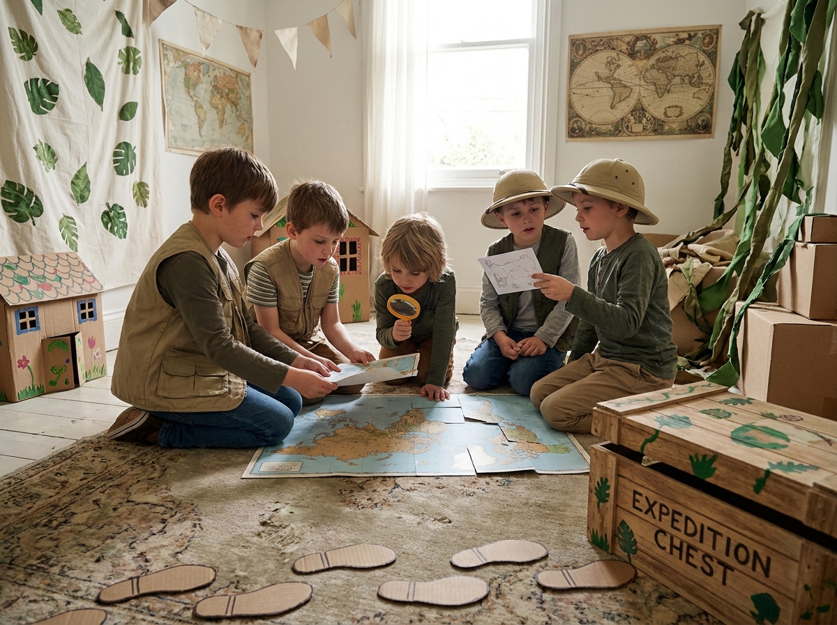 Niños resolviendo juntos un mapa y varias pistas durante una fiesta temática de exploradores.