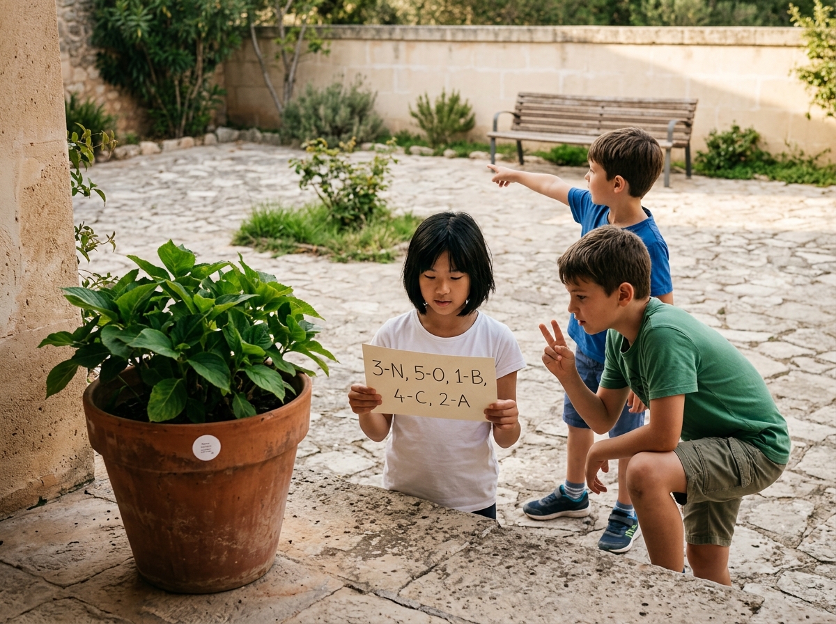Tres niños mayores resuelven una pista con letras numeradas junto a una maceta y señalan un banco del jardín.