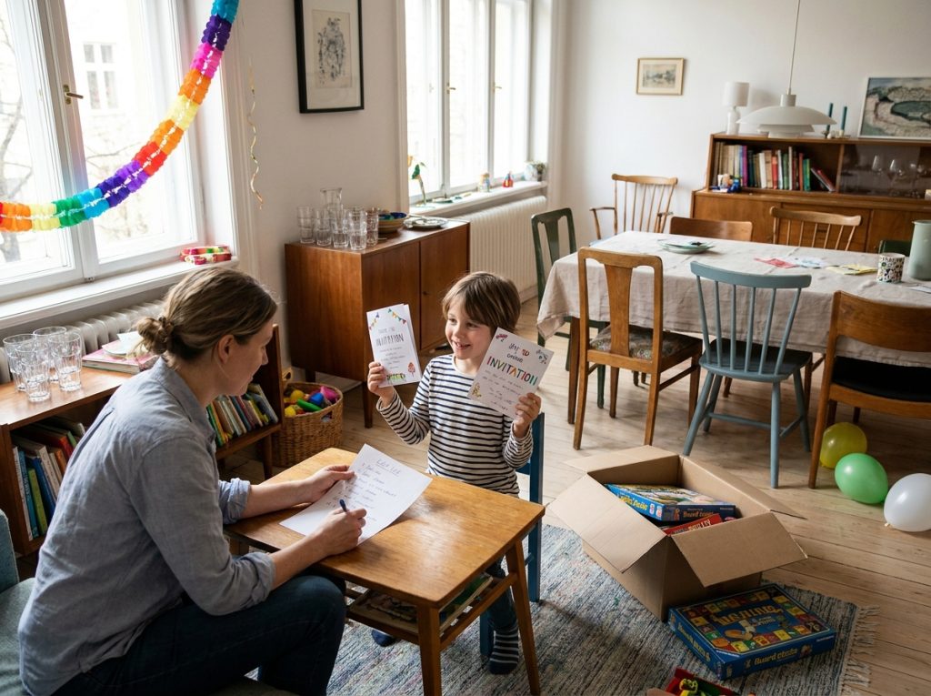 Adulto y niño preparando juntos los detalles de un cumpleaños infantil antes de que lleguen los invitados.