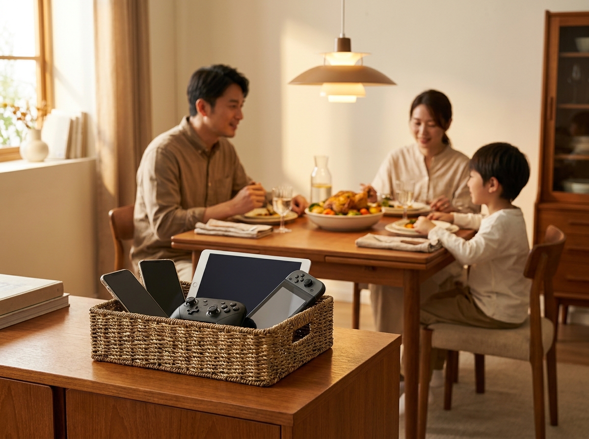 Cesta con móviles, tableta y consola apartados mientras una familia se sienta a cenar al fondo.