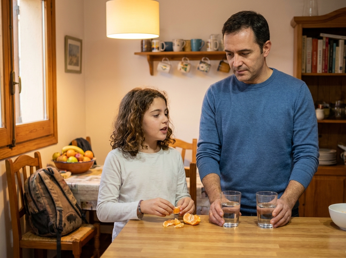 Padre escuchando a su hija mientras preparan juntos una merienda en la cocina.
