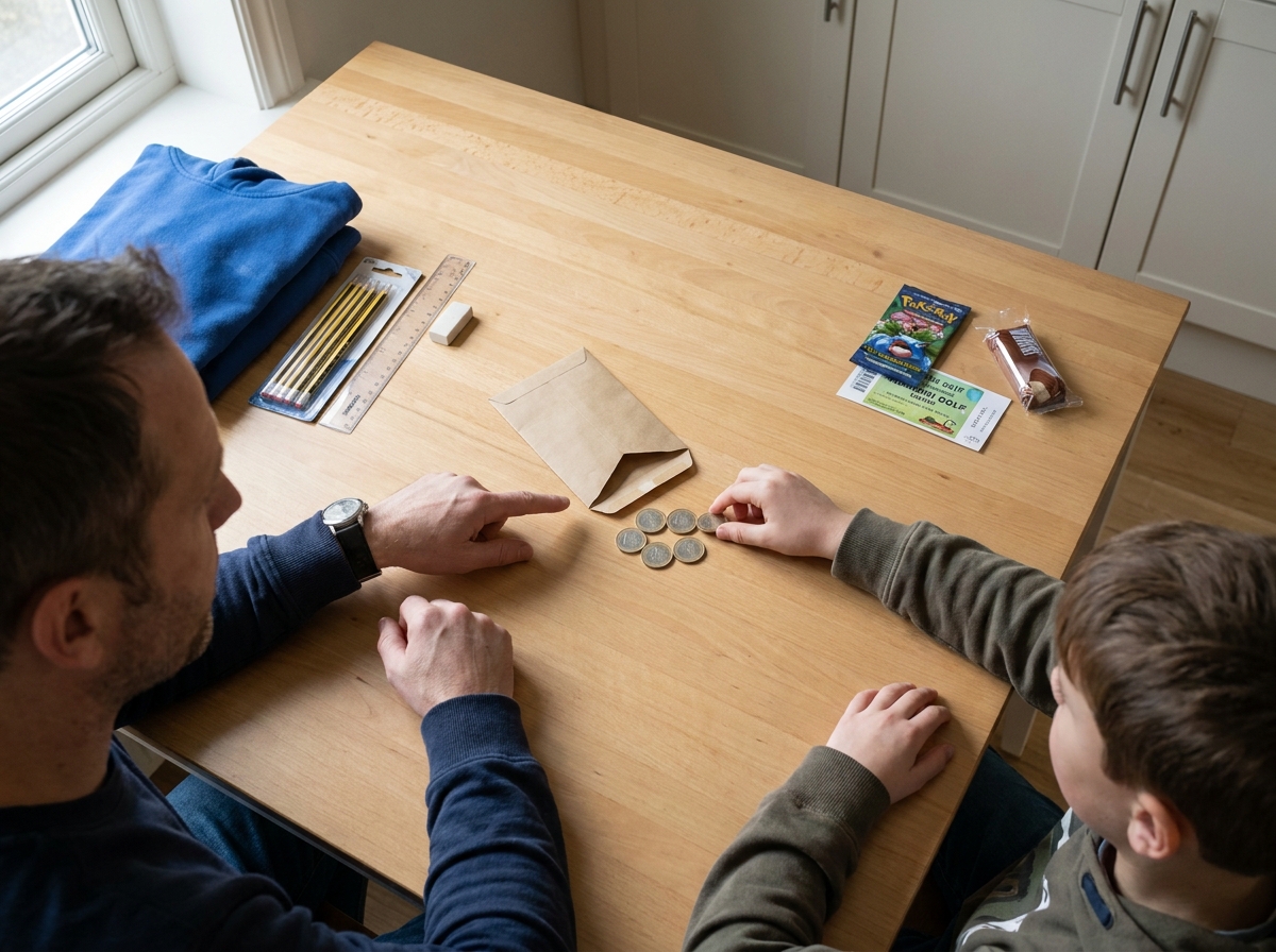 Padre e hijo separando los pequeños gastos que cubrirá la paga de otros gastos familiares necesarios.
