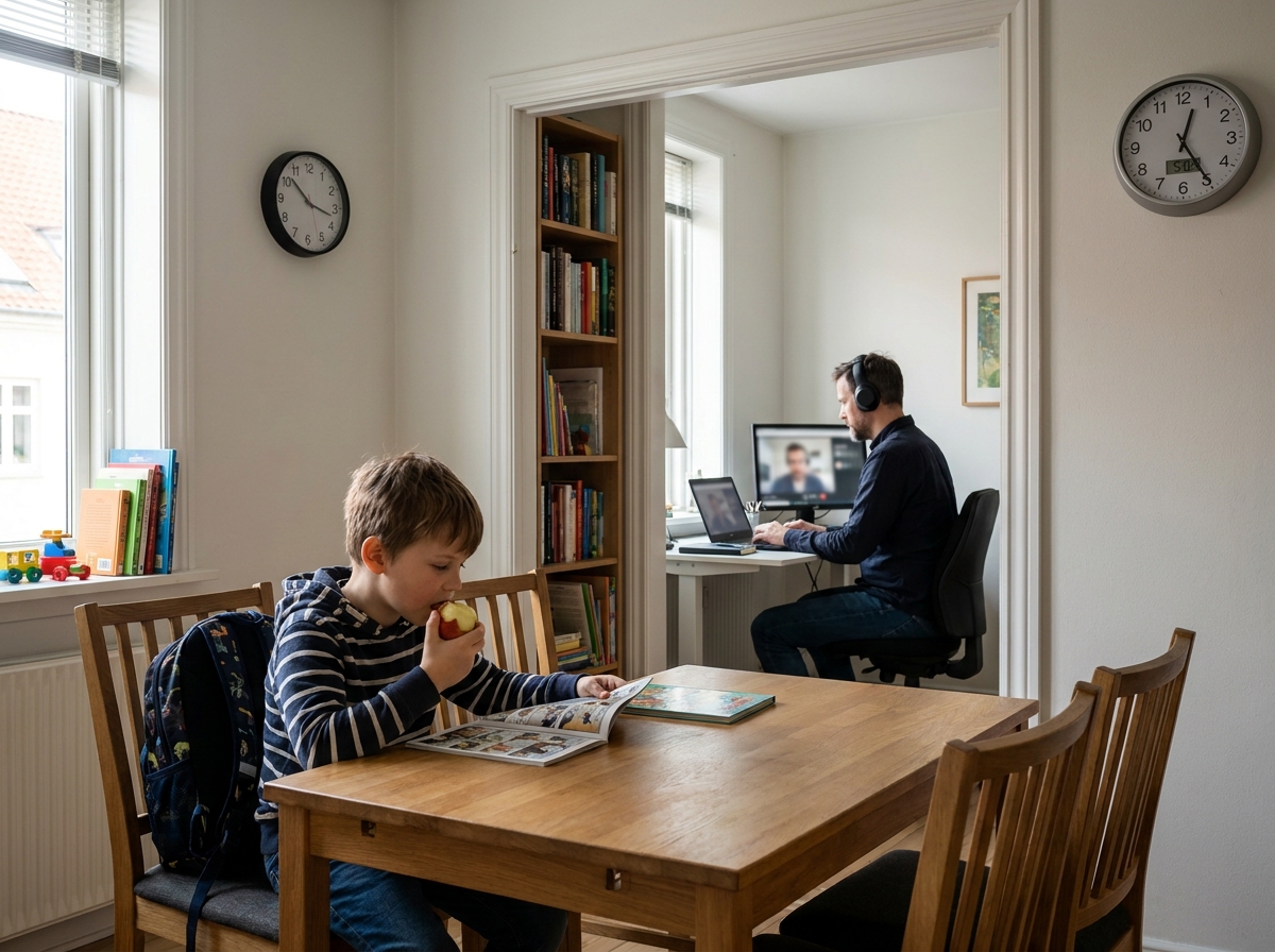 Padre continúa trabajando desde casa mientras su hijo merienda después de volver del colegio.