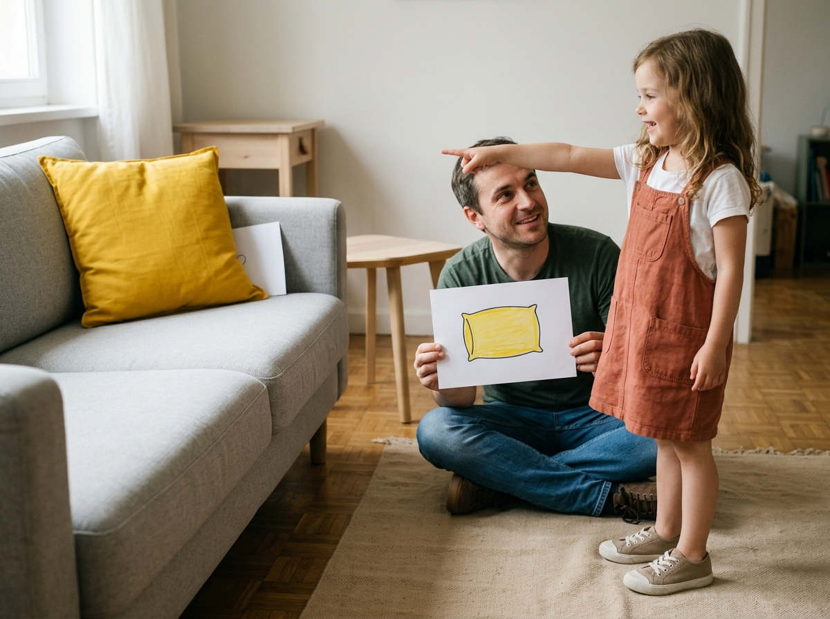 Una niña señala un cojín amarillo tras reconocerlo en una tarjeta ilustrada que sostiene un adulto.