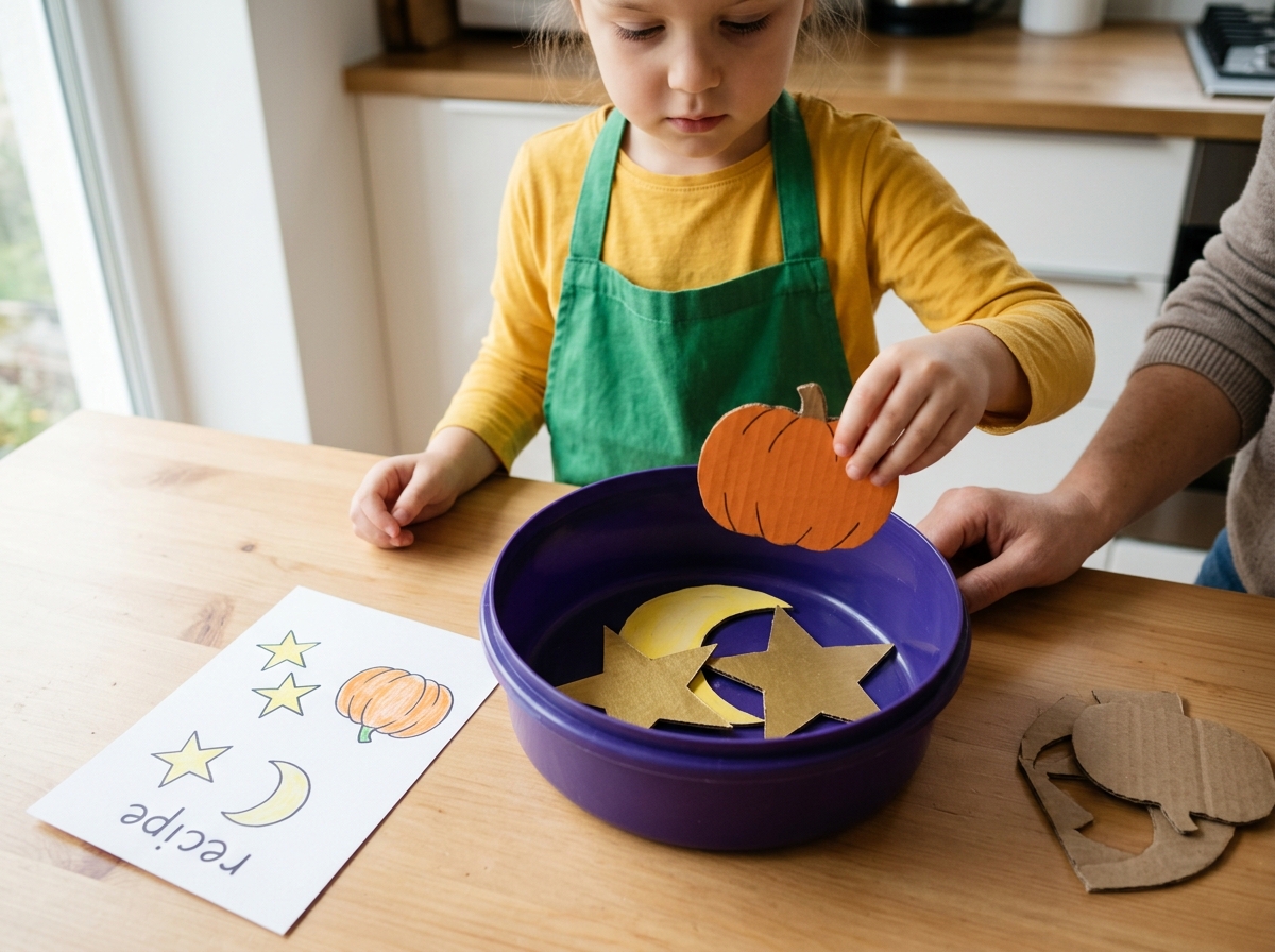 Niña preparando una poción imaginaria con figuras grandes de luna, estrellas y calabaza siguiendo una receta dibujada.