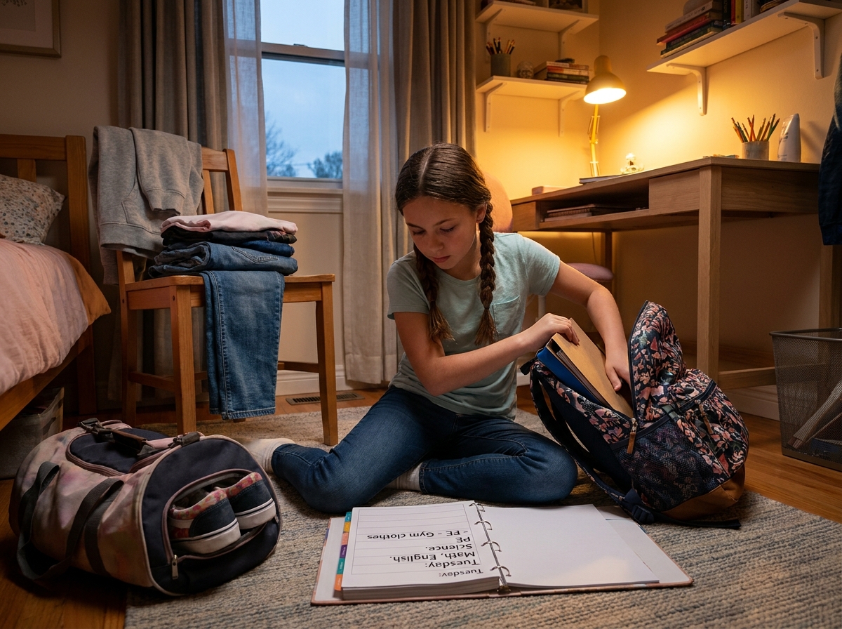Niña prepara por la noche su mochila y la ropa después de consultar el horario escolar.