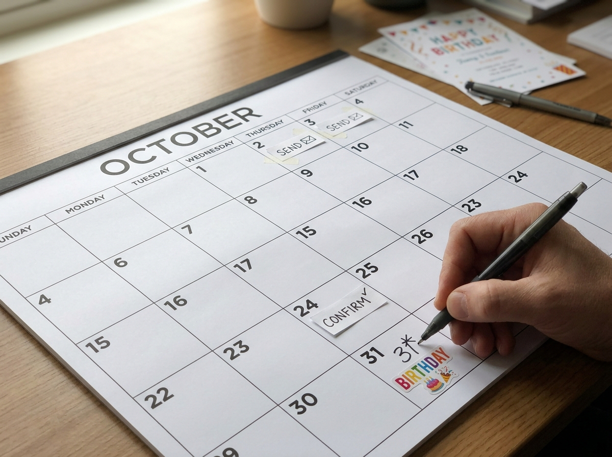 Calendario con las fechas de envío de la invitación, confirmación de asistencia y celebración del cumpleaños.