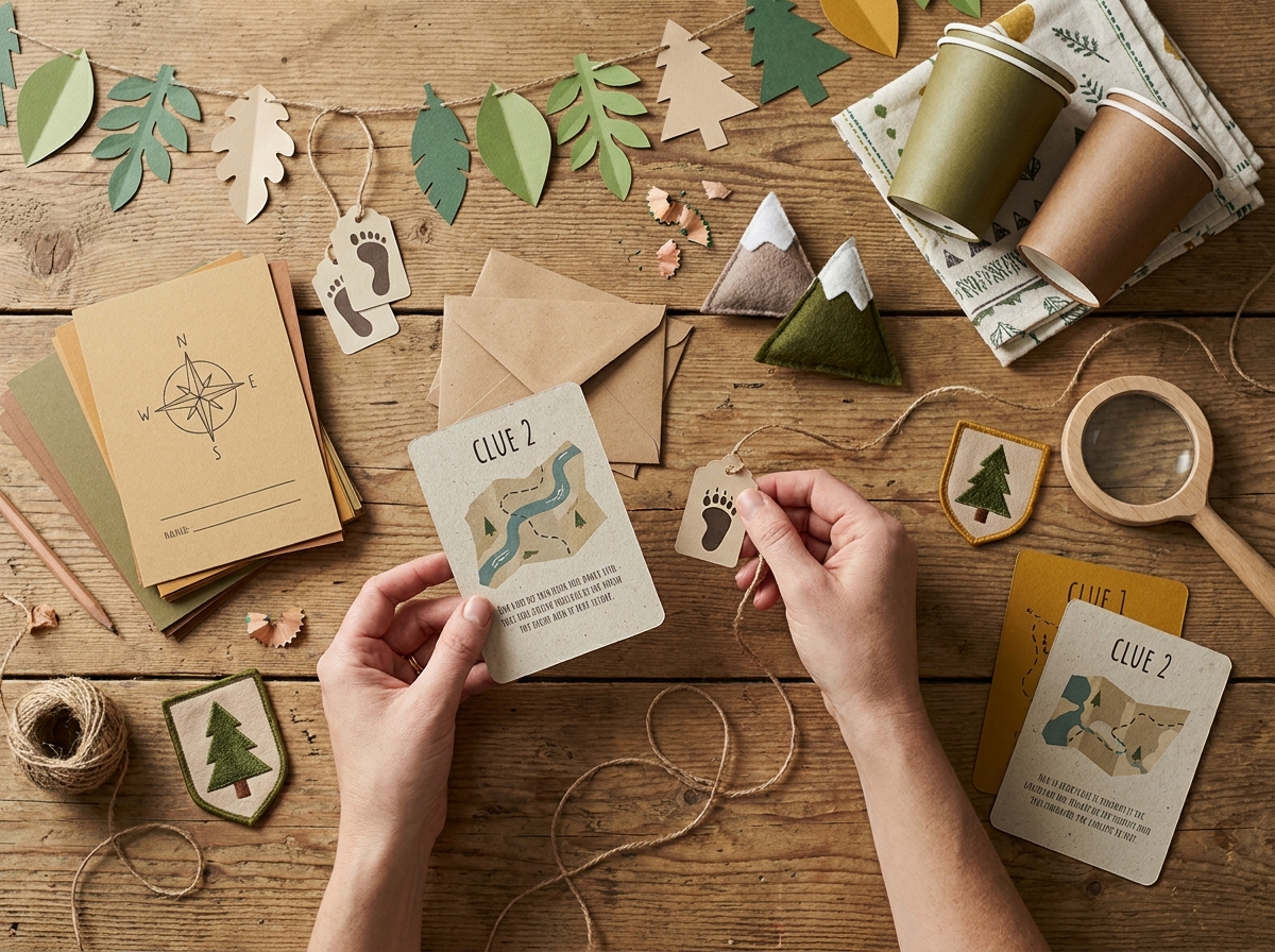 Invitaciones, decoración, accesorios y elementos de juego coordinados para una fiesta infantil de exploradores.