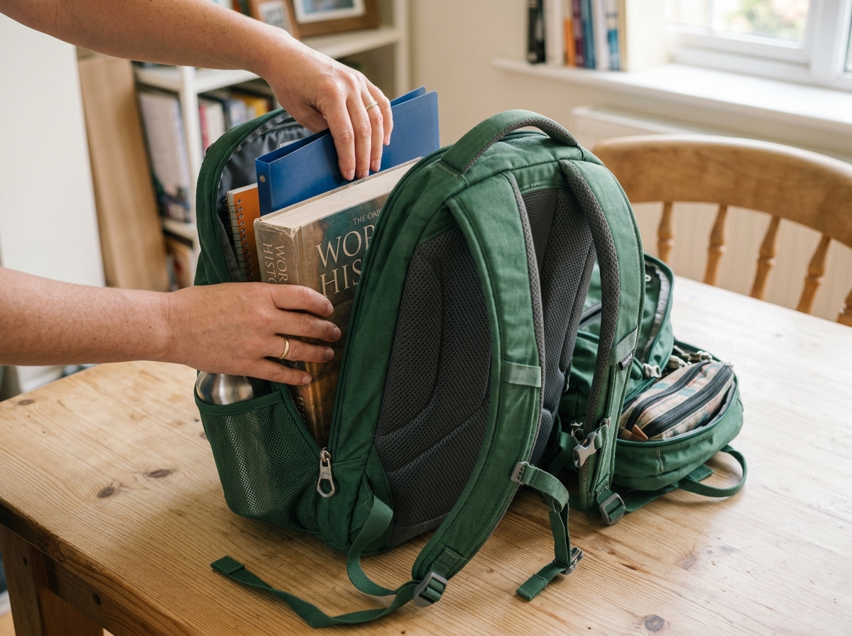 Manos colocando los libros más pesados en la parte de la mochila que queda pegada a la espalda.