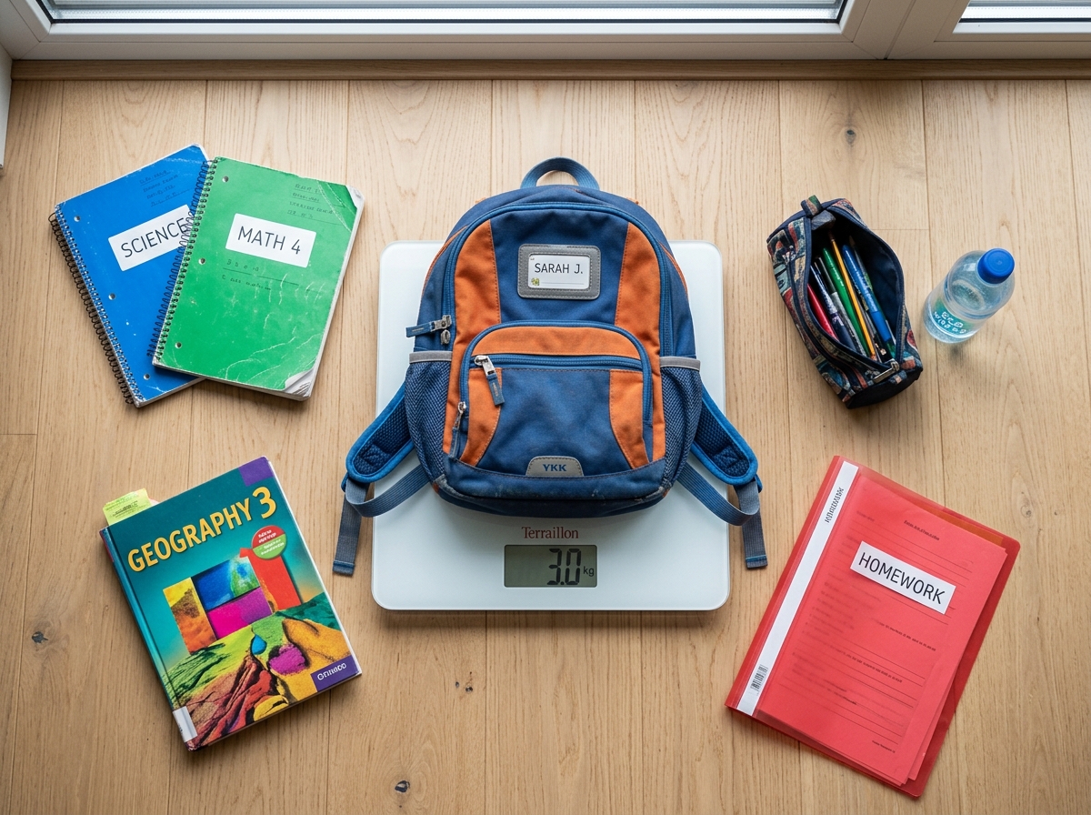 Mochila escolar ya preparada sobre una báscula digital para comprobar su peso real.