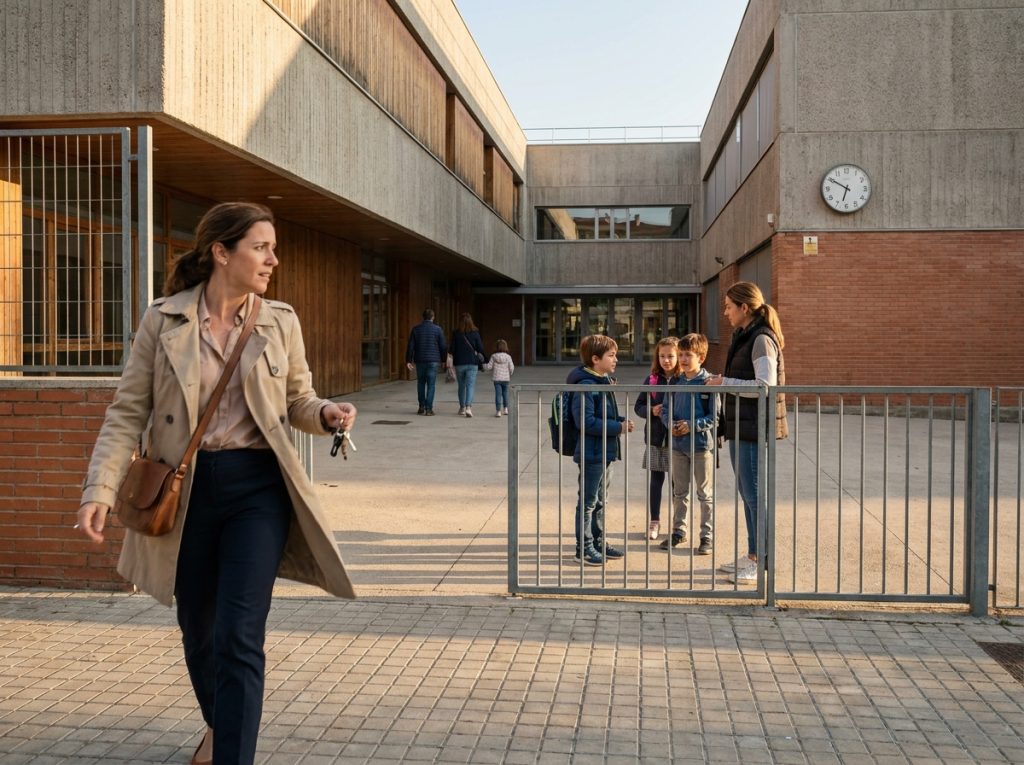 Madre llega al colegio al final de la tarde para recoger a su hijo, que espera con una monitora después de la salida escolar.