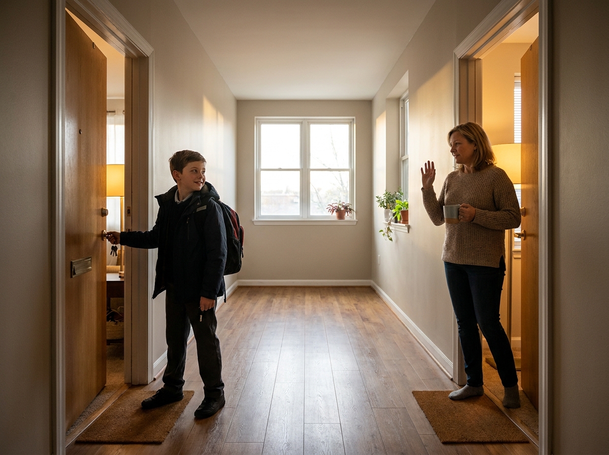 Niño abre la puerta de casa después del colegio mientras un adulto de confianza está disponible en la vivienda contigua.