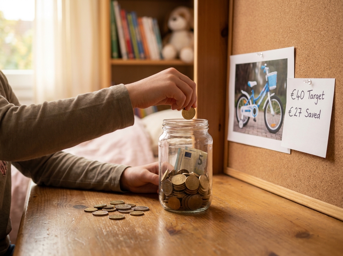 Niña añadiendo una moneda a un bote de ahorro junto a la imagen de una bicicleta que quiere comprar.