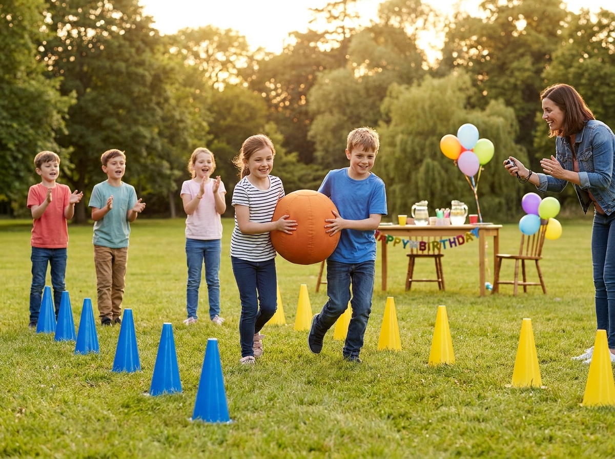 Niños participando en un juego activo por equipos durante un cumpleaños al aire libre.