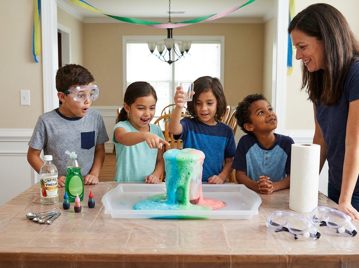 Niños observando un experimento de espuma durante una actividad científica de cumpleaños.