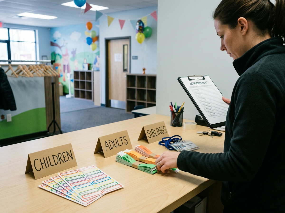 Organizador preparando identificadores separados para niños invitados, adultos y hermanos antes de un cumpleaños.