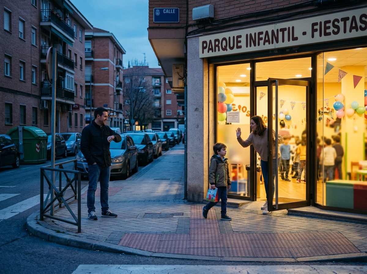 Adulto llegando puntualmente a recoger a un niño a la salida de una fiesta de cumpleaños.