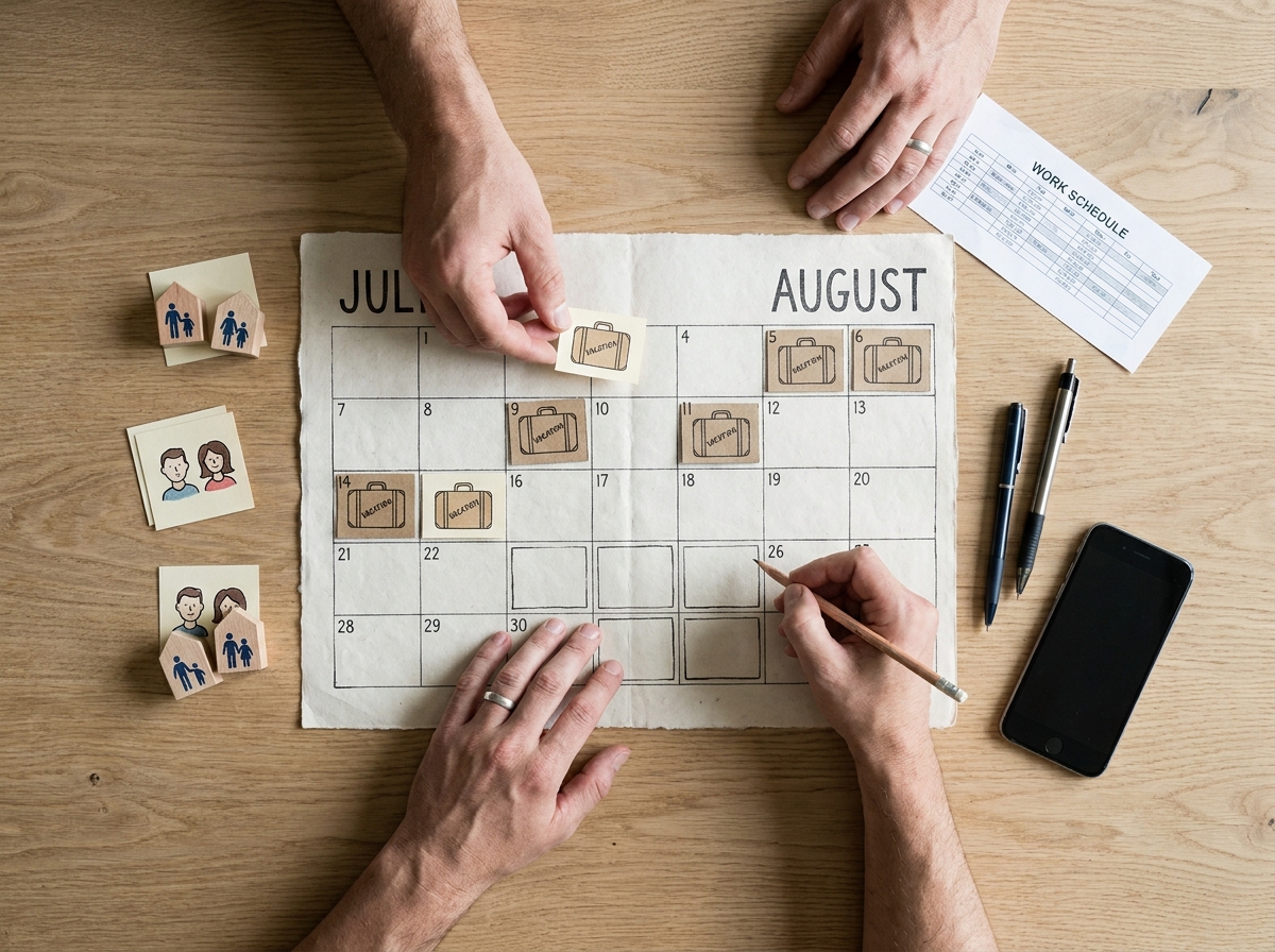 Dos adultos marcando en un calendario qué días de las vacaciones escolares necesitan cubrir mientras trabajan.