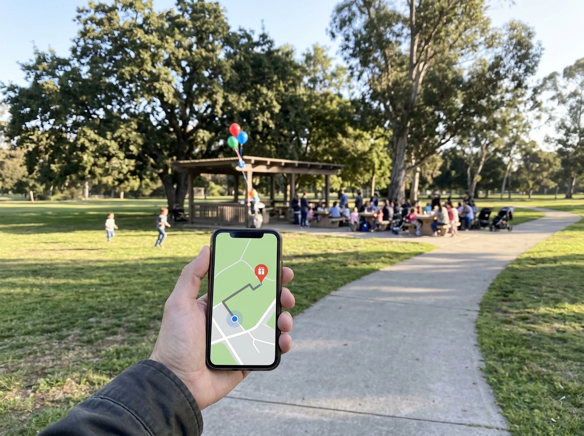 Persona consultando en el móvil el punto exacto de encuentro de un cumpleaños celebrado en un parque.