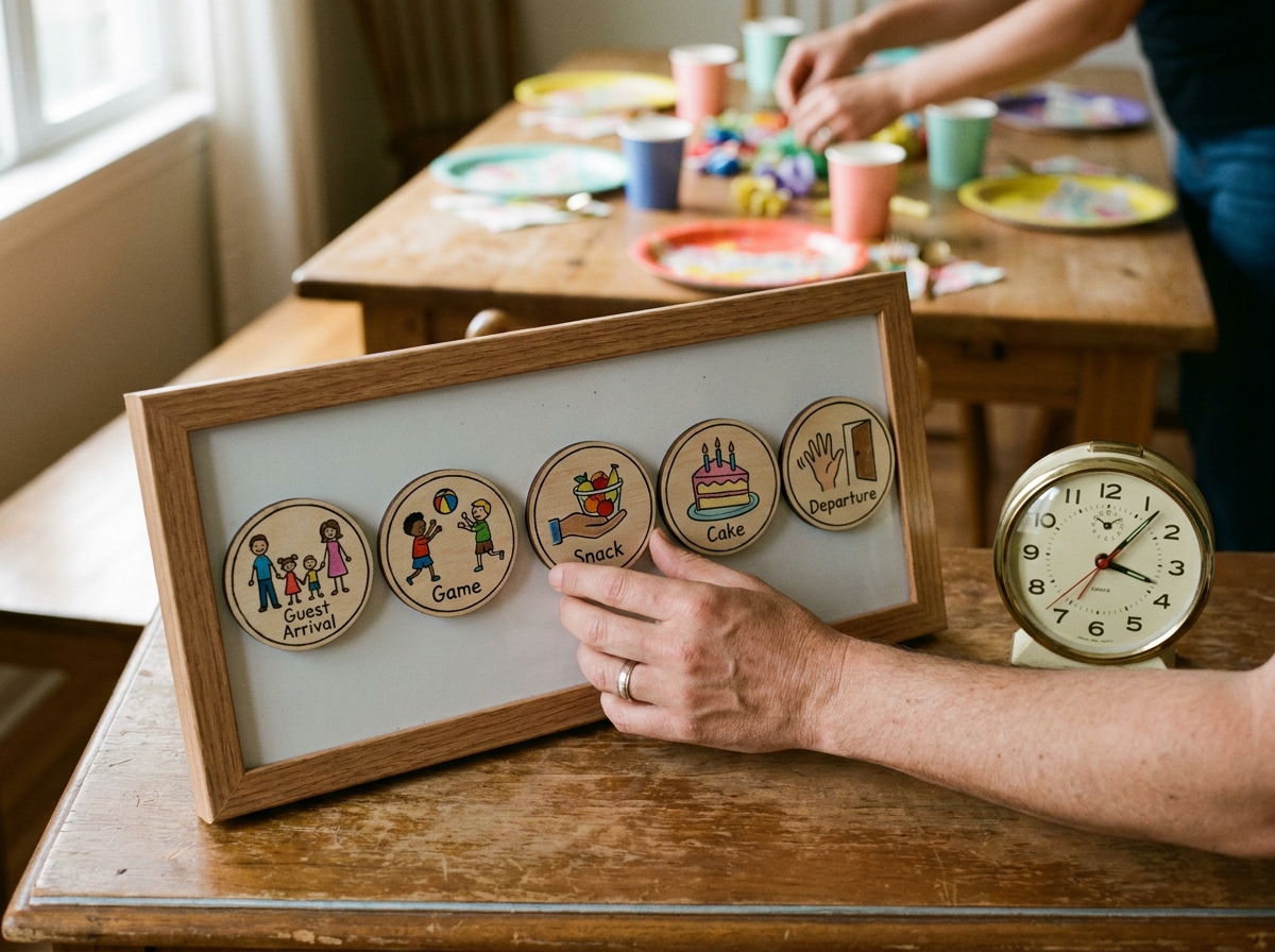 Adulto ordenando las distintas partes de un cumpleaños infantil mediante tarjetas visuales.