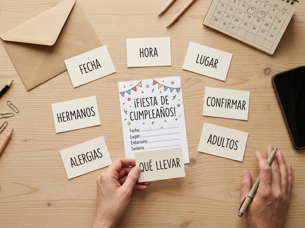 Invitación infantil rodeada de notas con la información práctica que deben conocer las familias.