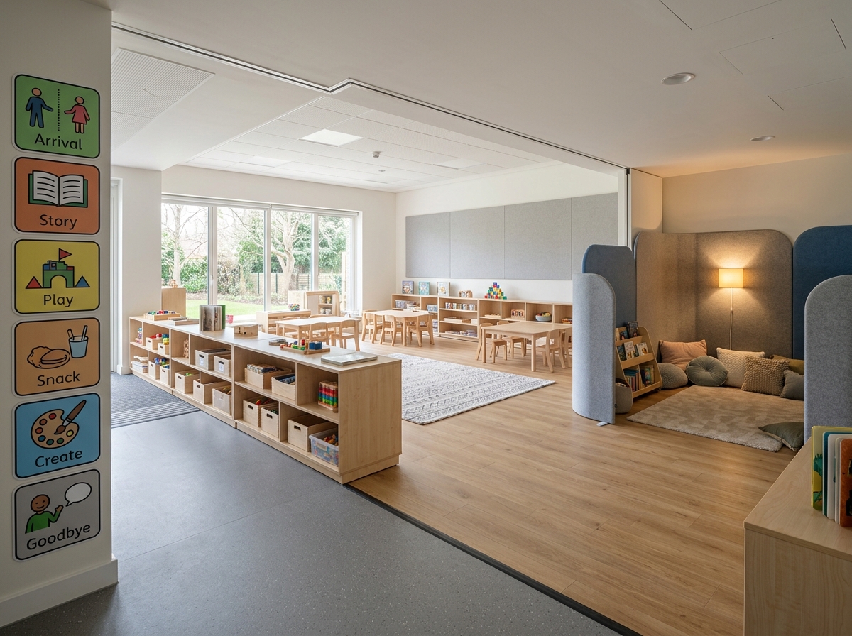 Sala infantil con acceso amplio, pictogramas, mobiliario accesible y una zona tranquila de menor estimulación.