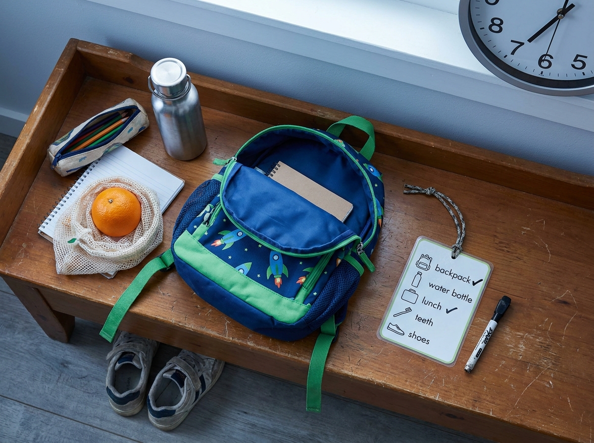 Mochila, botella y material escolar junto a una checklist de tareas de la mañana.