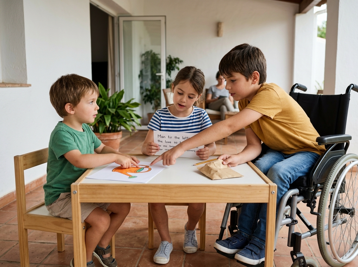 Tres hermanos de distintas edades colaboran con pistas ilustradas y escritas alrededor de una mesa.