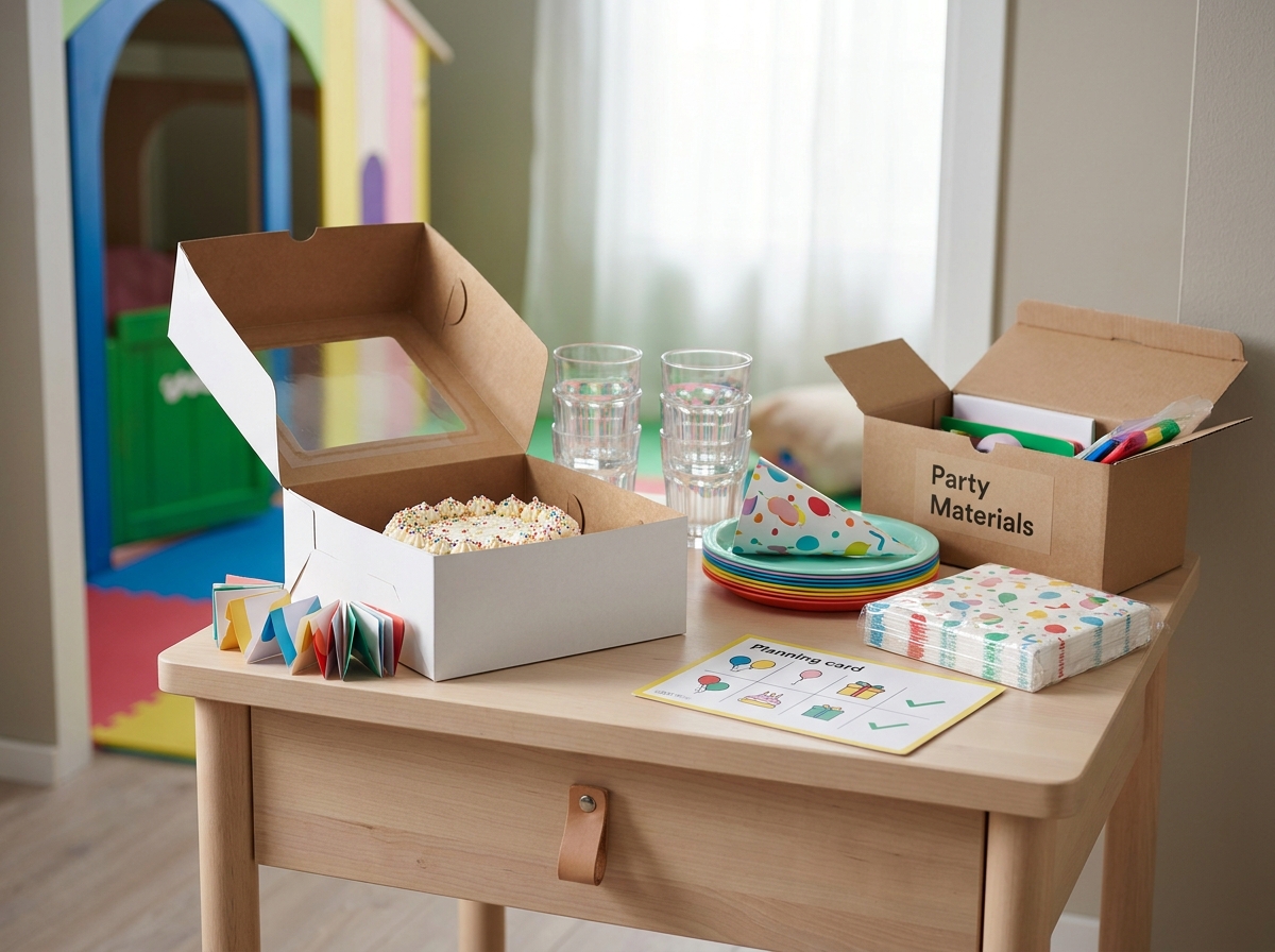 Tarta, menaje, decoración y materiales de juego preparados conjuntamente para un cumpleaños infantil.