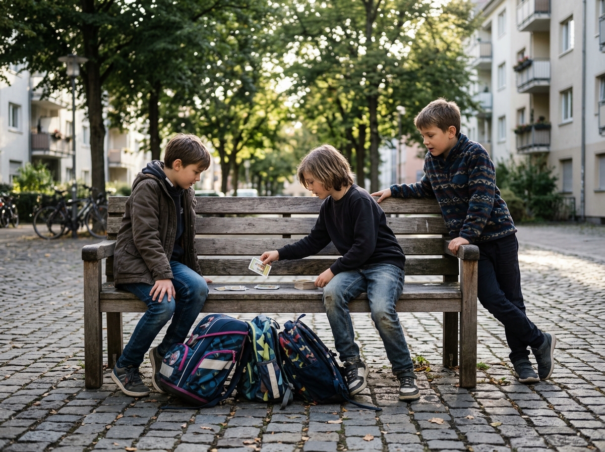 Tres escolares charlan y juegan juntos en un banco de una plaza después de clase.