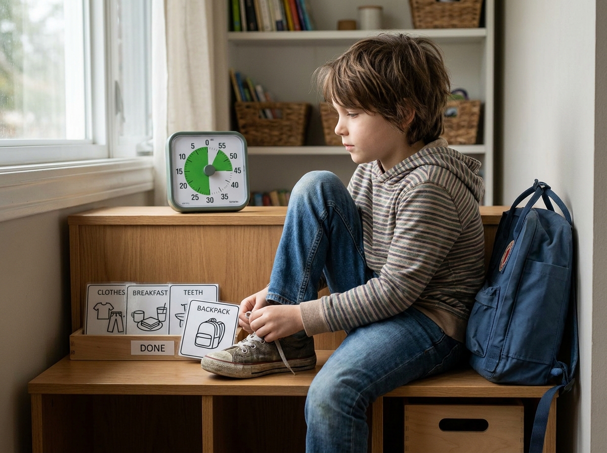 Niño utiliza un temporizador visual y tarjetas de rutina mientras termina de ponerse los zapatos.