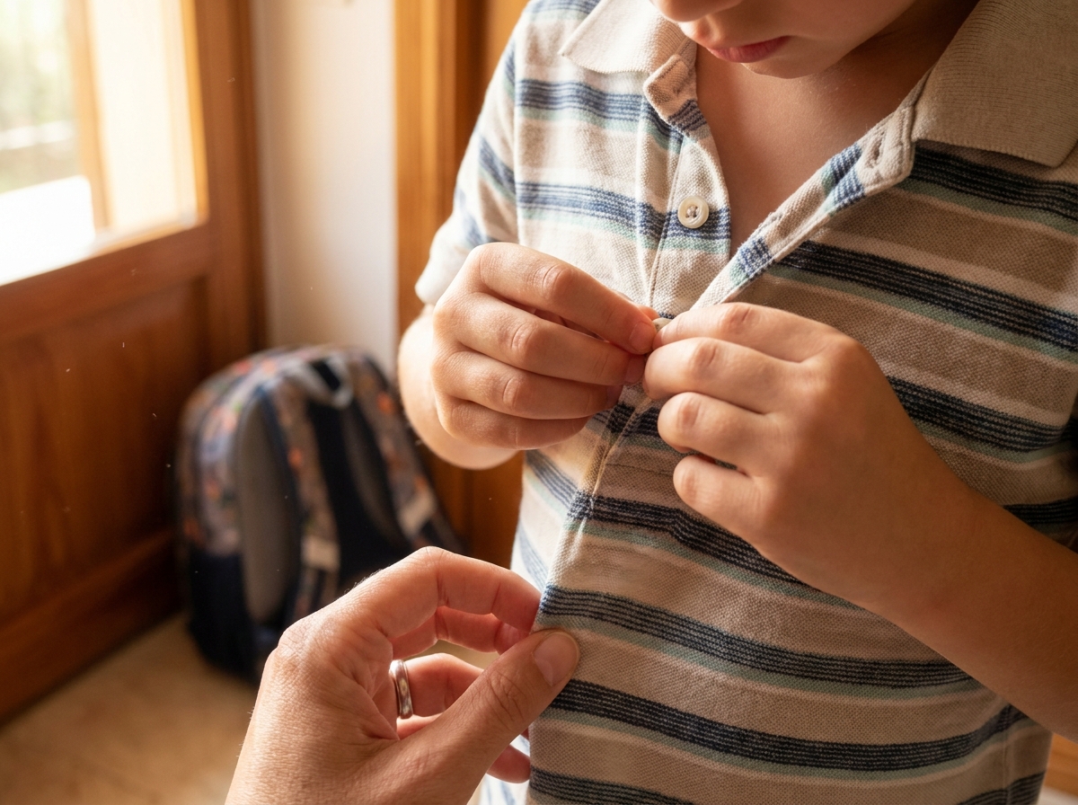 Adulto sujeta la tela mientras un niño intenta abrochar por sí mismo un botón.