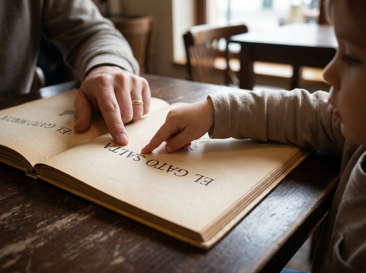 Niño recorriendo con el dedo una palabra mientras un adulto le señala solamente la primera letra.