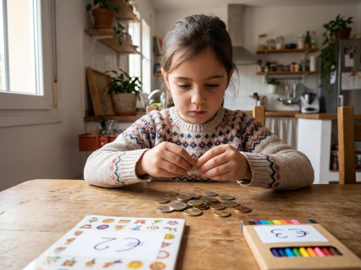 Niña contando monedas y comparando el precio de dos objetos antes de decidir qué puede comprar.