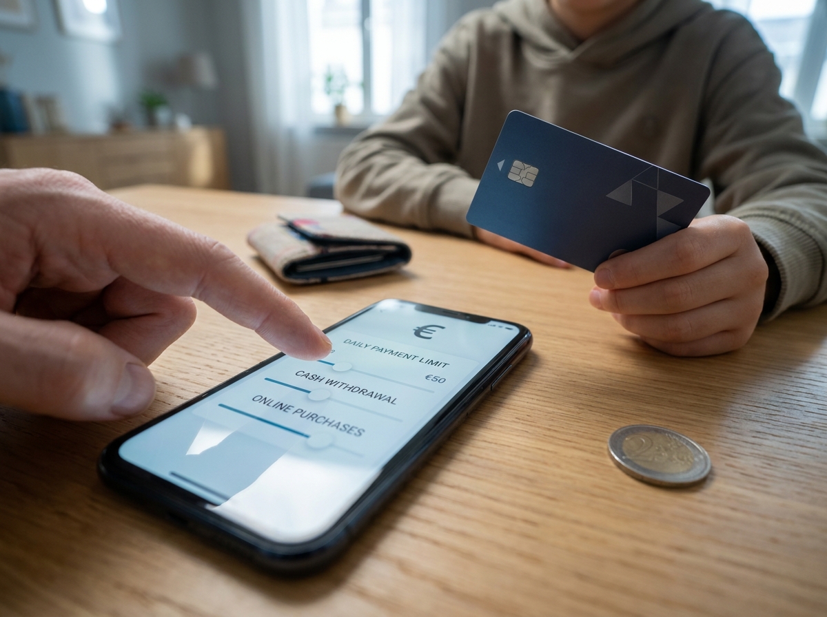 Configuración de límites de gasto en una aplicación bancaria junto a la tarjeta de un menor.