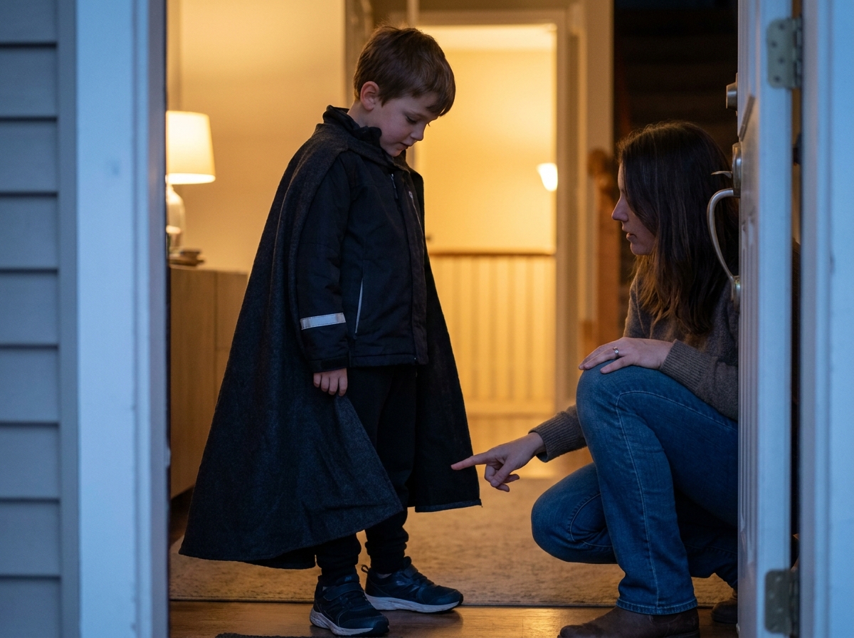 Adulto comprobando que un disfraz infantil queda por encima de los zapatos y permite caminar con seguridad.