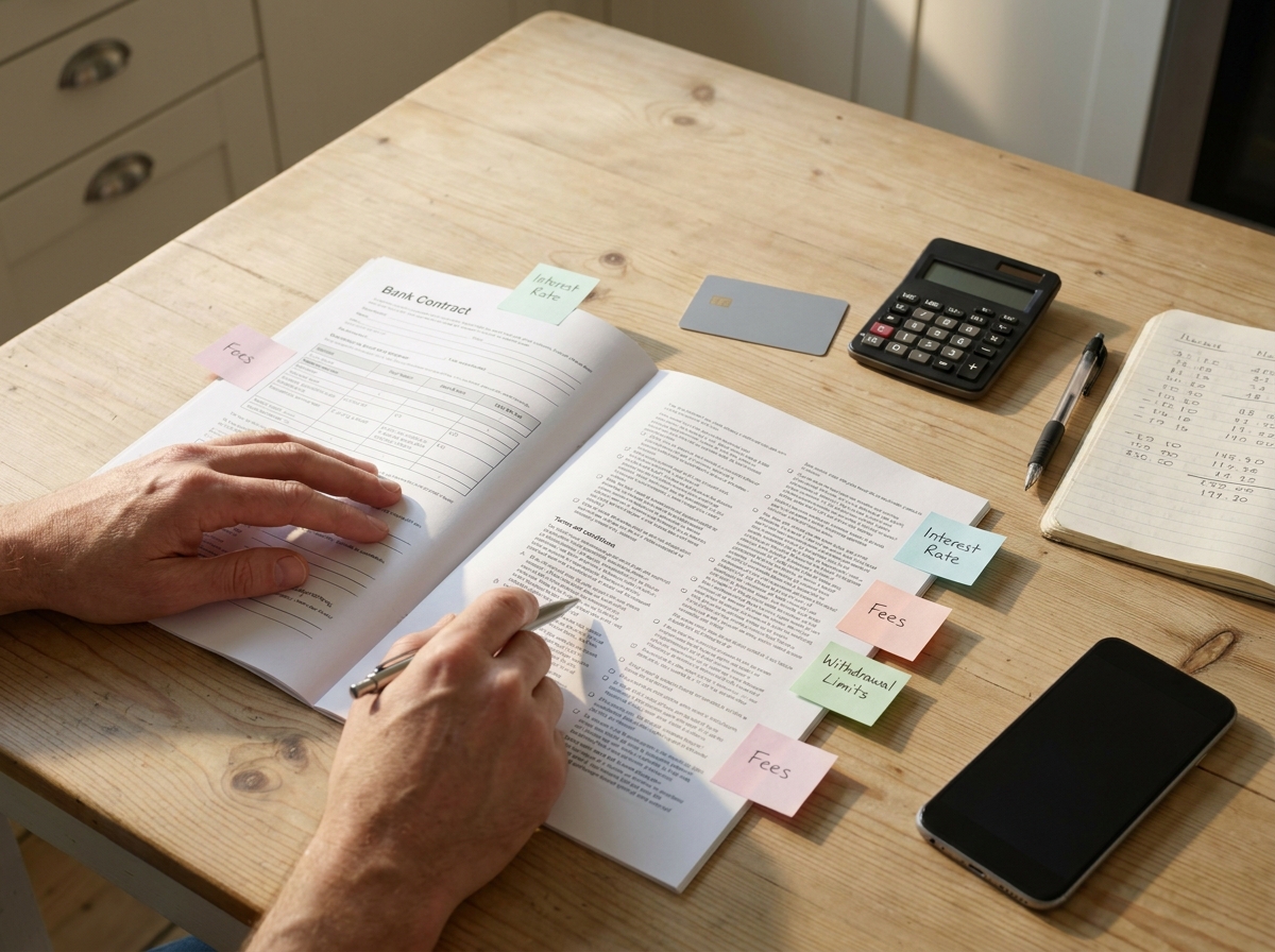 Contrato de una cuenta para menores junto a tarjeta y calculadora mientras un adulto revisa las condiciones.