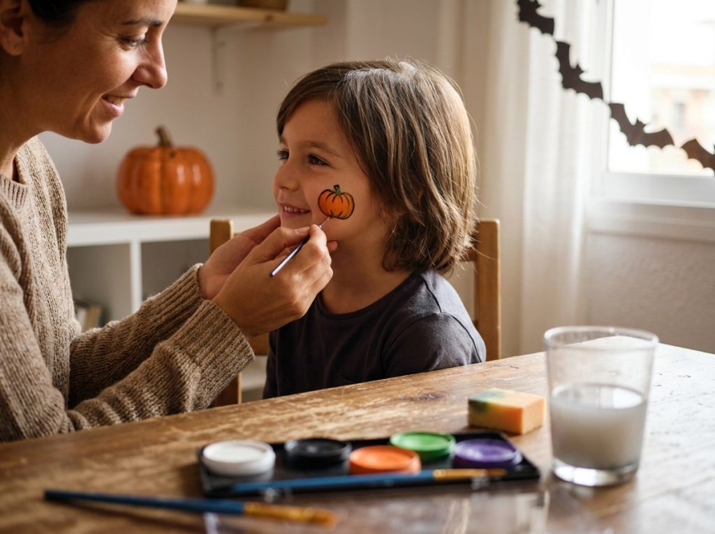 Adulto pintando una pequeña calabaza de Halloween en la mejilla de un niño con maquillaje facial.