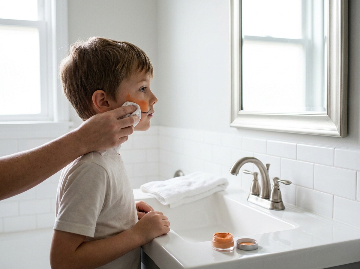 Persona adulta retirando suavemente restos de maquillaje de Halloween de la mejilla de un niño.