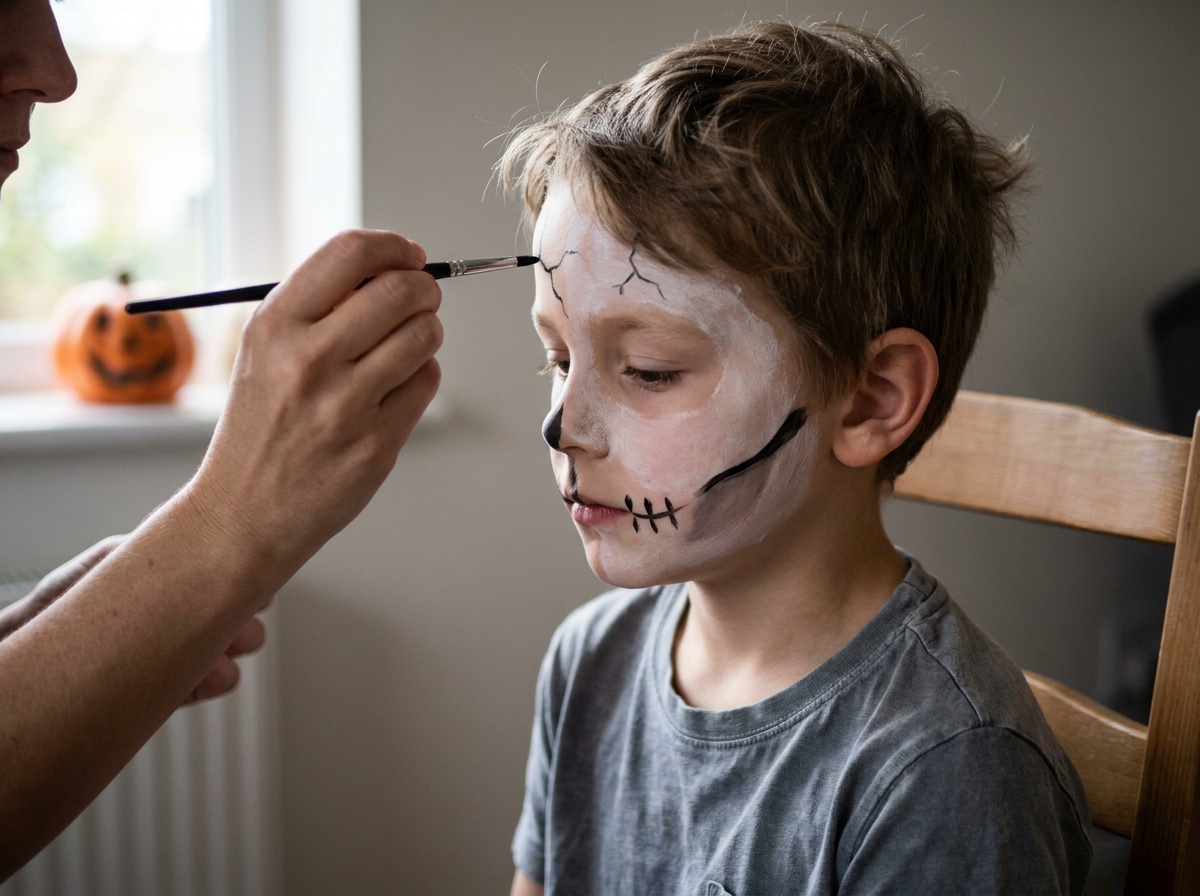 Niño con maquillaje de esqueleto sencillo concentrado en un solo lateral de la cara.