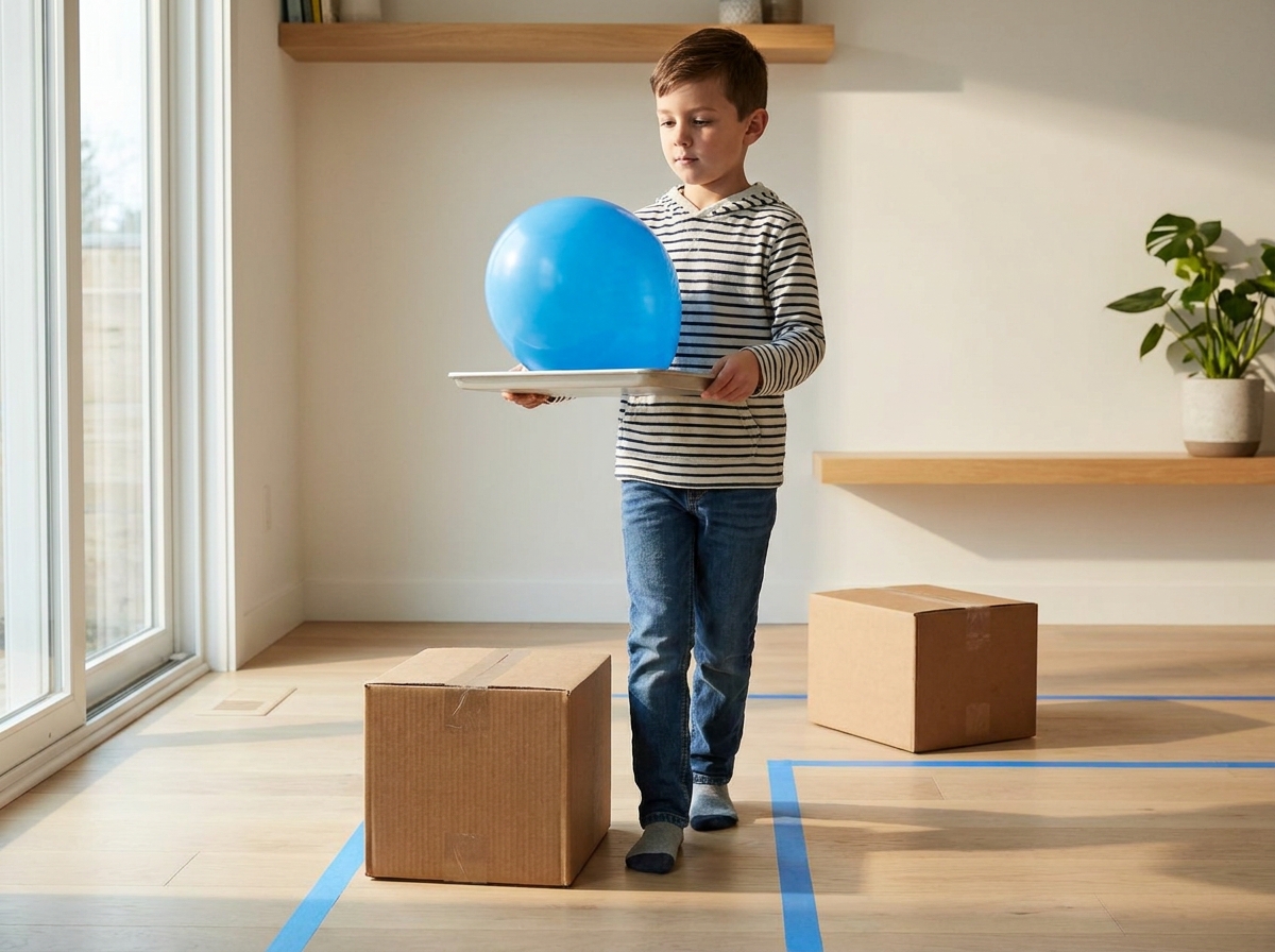 Niño recorriendo un pequeño circuito mientras mantiene un globo equilibrado sobre una bandeja.