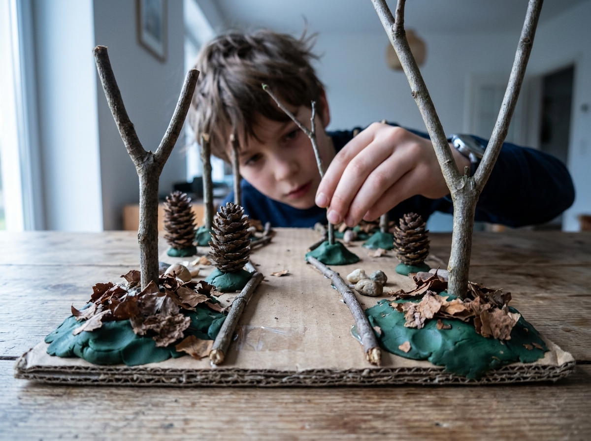 Mini bosque infantil construido sobre cartón con piñas, ramas, hojas y un pequeño sendero.