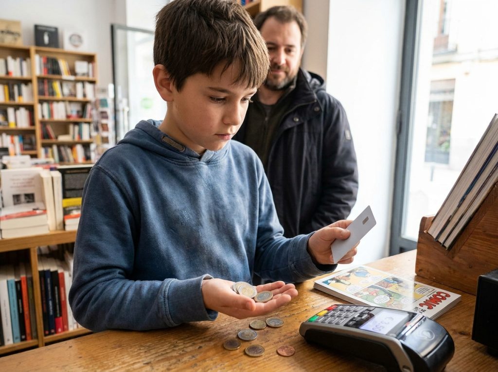 Niño eligiendo entre monedas y una tarjeta bancaria para pagar una pequeña compra.